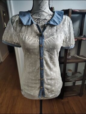 Sheer Floral Lace Button-Front Top with Blue Trim